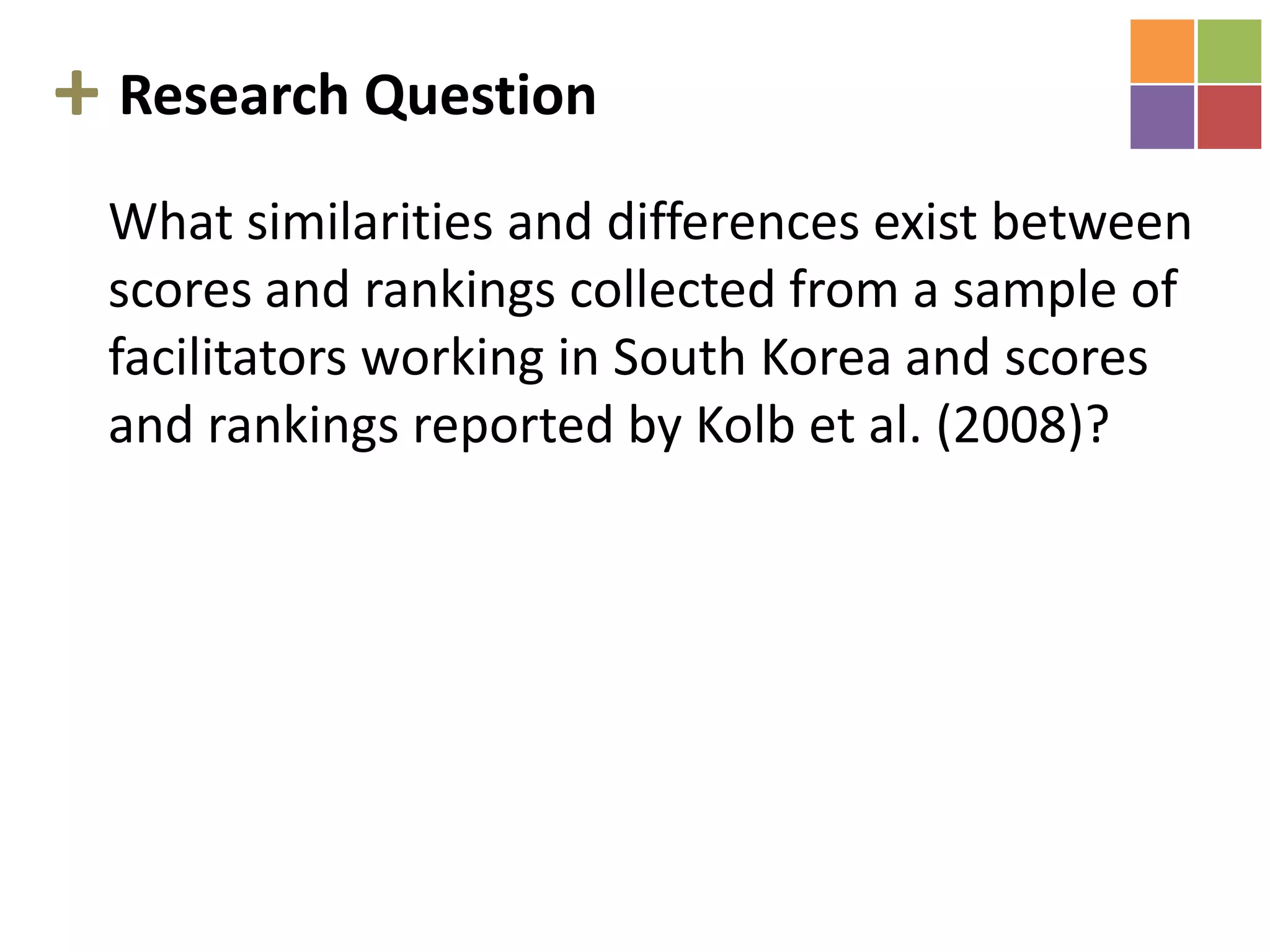 Kolb, J. A., Jin, S., & Song, J. H. (2008). A model of small group facilitator competencies. Performance Improvement Quarterly, 21(2), 119-133. +Facilitator DefinitionA person who remains neutral in the actual decision (s) of the group but who assumes the responsibility for managing the group’s process while it is attempting to solve a problem or reach a decision