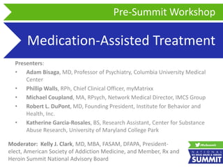 Medication-Assisted Treatment
Presenters:
• Adam Bisaga, MD, Professor of Psychiatry, Columbia University Medical
Center
• Phillip Walls, RPh, Chief Clinical Officer, myMatrixx
• Michael Coupland, MA, RPsych, Network Medical Director, IMCS Group
• Robert L. DuPont, MD, Founding President, Institute for Behavior and
Health, Inc.
• Katherine Garcia-Rosales, BS, Research Assistant, Center for Substance
Abuse Research, University of Maryland College Park
Pre-Summit Workshop
Moderator: Kelly J. Clark, MD, MBA, FASAM, DFAPA, President-
elect, American Society of Addiction Medicine, and Member, Rx and
Heroin Summit National Advisory Board
 