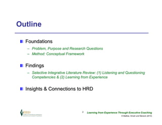 Outline

  Foundations
   – Problem, Purpose and Research Questions
   – Method: Conceptual Framework


  Findings
   – Selective Integrative Literature Review: (1) Listening and Questioning
     Competencies & (2) Learning from Experience


  Insights & Connections to HRD



                                    2   Learning from Experience Through Executive Coaching
                                                                   © Maltbia, Ghosh and Marsick (2010)
 