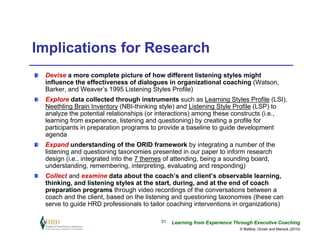 Implications for Research
 Devise a more complete picture of how different listening styles might
 influence the effectiveness of dialogues in organizational coaching (Watson,
 Barker, and Weaver’s 1995 Listening Styles Profile)
 Explore data collected through instruments such as Learning Styles Profile (LSI),
 Neethling Brain Inventory (NBI-thinking style) and Listening Style Profile (LSP) to
 analyze the potential relationships (or interactions) among these constructs (i.e.,
 learning from experience, listening and questioning) by creating a profile for
 participants in preparation programs to provide a baseline to guide development
 agenda
 Expand understanding of the ORID framework by integrating a number of the
 listening and questioning taxonomies presented in our paper to inform research
 design (i.e., integrated into the 7 themes of attending, being a sounding board,
 understanding, remembering, interpreting, evaluating and responding)
 Collect and examine data about the coach’s and client’s observable learning,
 thinking, and listening styles at the start, during, and at the end of coach
 preparation programs through video recordings of the conversations between a
 coach and the client, based on the listening and questioning taxonomies (these can
 serve to guide HRD professionals to tailor coaching interventions in organizations)

                                         21   Learning from Experience Through Executive Coaching
                                                                         © Maltbia, Ghosh and Marsick (2010)
 