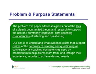 Problem & Purpose Statements

 The problem this paper addresses grows out of the lack
 of a clearly documented theory and research to support
 the use of 2 commonly-espoused, core coaching
 competencies of listening and questioning.

 Our aim is to understand what evidence exists that support
 claims of the centrality of listening and questioning as
 conversational coaching competencies used by
 practitioners to help clients learn from, and through their
 experience, in order to achieve desired results.


                              6   Learning from Experience Through Executive Coaching
                                                             © Maltbia, Ghosh and Marsick (2010)
 