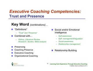 Executive Coaching Competencies:
Trust and Presence

 Key Word (combinations)…
   “Definitions”                                    Social and/or Emotional
    – “Trust” and “Presence”                        Intelligence
   Combined with…                                     –   Self-awareness
    – History, Literature Review,                     –   Self- management/regulation
      Research, Studies, Meta-analysis                –   Social-awareness
                                                      –   Relationship management
   Presencing
   Coaching Presence                                Relationship Building
   Executive Coaching
   Organizational Coaching


                                         14   Learning from Experience Through Executive Coaching
                                                                         © Maltbia, Ghosh and Marsick (2011)
 