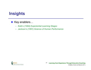 Insights
  Key enablers…
   – Kolb’s (1984) Experiential Learning Stages
   – Jackson’s (1991) Science of Human Performance




                                21   Learning from Experience Through Executive Coaching
                                                                © Maltbia, Ghosh and Marsick (2011)
 