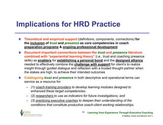 Implications for HRD Practice
  Theoretical and empirical support (definitions, components, connections) for
  the inclusion of trust and presence as core competencies in coach
  preparation programs & ongoing professional development
  Document important connections between the trust and presence literature
  combined with “experiential learning theory” (i.e., trust and coaching presence
  skills) as enablers for establishing a personal bond and the designed alliance
  needed to effectively combine the challenge with support for client’s to realize
  insight through guided dialogue and reflection with a trusted thought partner when
  the stakes are high, to achieve their intended outcomes
  Cataloguing trust and presence in both descriptive and operational terms can
  service as a resource for:
   – (1) coach-training providers to develop learning modules designed to
     enhanced these target competencies;
   – (2) researchers to use as indicators for future investigations; and
   – (3) practicing executive coaches to deepen their understanding of the
     conditions that constitute productive coach-client working relationships.

                                         23   Learning from Experience Through Executive Coaching
                                                                         © Maltbia, Ghosh and Marsick (2011)
 