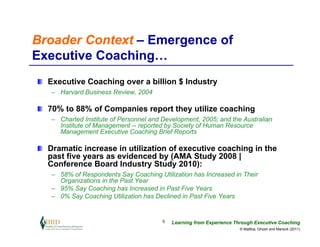 Broader Context – Emergence of
Executive Coaching…
  Executive Coaching over a billion $ Industry
  – Harvard Business Review, 2004

  70% to 88% of Companies report they utilize coaching
  – Charted Institute of Personnel and Development, 2005; and the Australian
    Institute of Management -- reported by Society of Human Resource
    Management Executive Coaching Brief Reports

  Dramatic increase in utilization of executive coaching in the
  past five years as evidenced by (AMA Study 2008 |
  Conference Board Industry Study 2010):
  – 58% of Respondents Say Coaching Utilization has Increased in Their
    Organizations in the Past Year
  – 95% Say Coaching has Increased in Past Five Years
  – 0% Say Coaching Utilization has Declined in Past Five Years


                                       5   Learning from Experience Through Executive Coaching
                                                                      © Maltbia, Ghosh and Marsick (2011)
 