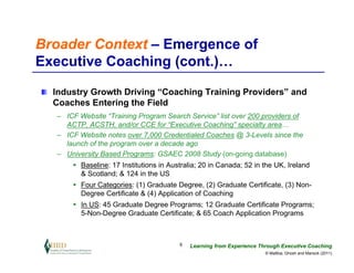 Broader Context – Emergence of
Executive Coaching (cont.)…

  Industry Growth Driving “Coaching Training Providers” and
  Coaches Entering the Field
  – ICF Website “Training Program Search Service” list over 200 providers of
    ACTP, ACSTH, and/or CCE for “Executive Coaching” specialty area…
  – ICF Website notes over 7,000 Credentialed Coaches @ 3-Levels since the
    launch of the program over a decade ago
  – University Based Programs: GSAEC 2008 Study (on-going database)
         Baseline: 17 Institutions in Australia; 20 in Canada; 52 in the UK, Ireland
         & Scotland; & 124 in the US
         Four Categories: (1) Graduate Degree, (2) Graduate Certificate, (3) Non-
         Degree Certificate & (4) Application of Coaching
         In US: 45 Graduate Degree Programs; 12 Graduate Certificate Programs;
         5-Non-Degree Graduate Certificate; & 65 Coach Application Programs



                                         6   Learning from Experience Through Executive Coaching
                                                                        © Maltbia, Ghosh and Marsick (2011)
 