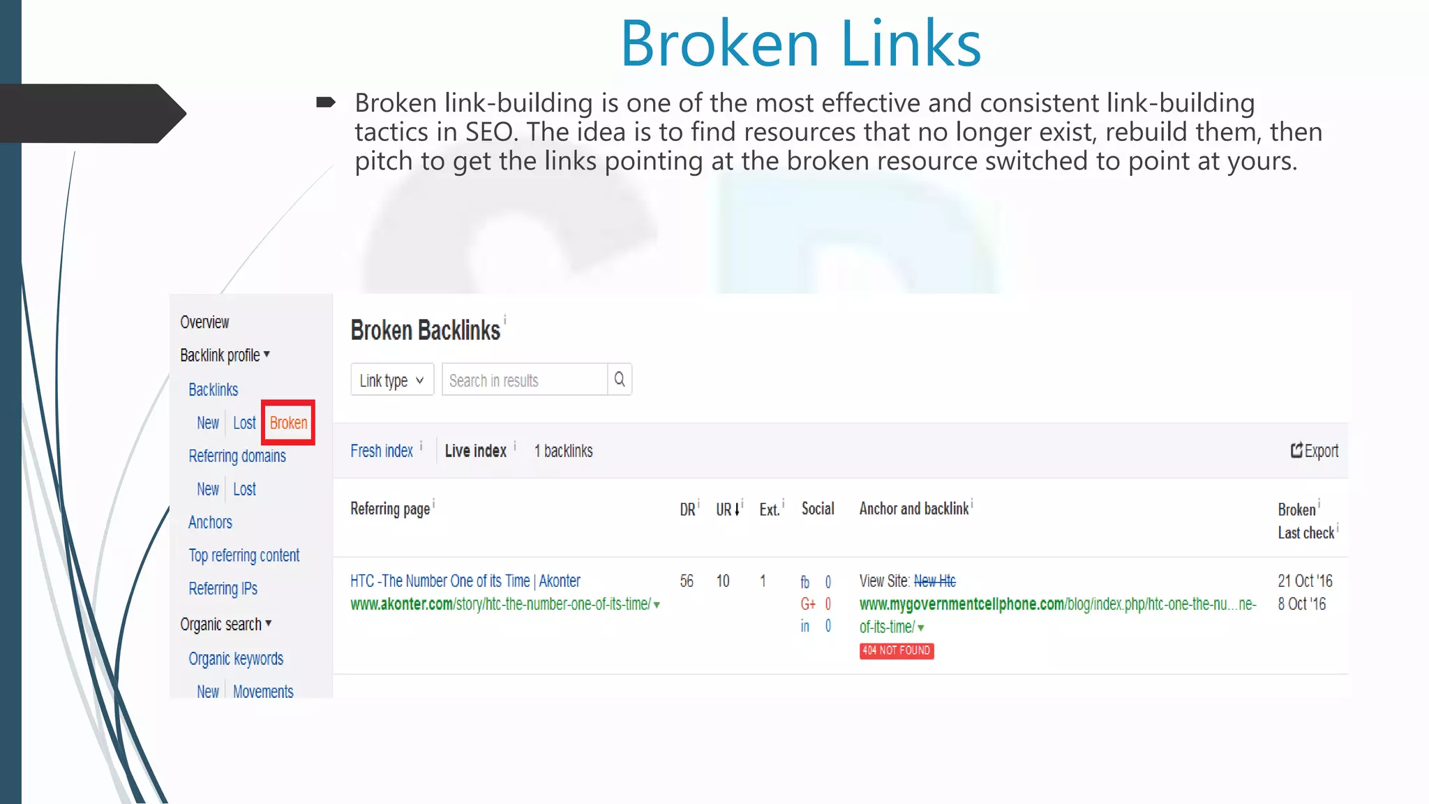 Broken Links
 Broken link-building is one of the most effective and consistent link-building
tactics in SEO. The idea is to find resources that no longer exist, rebuild them, then
pitch to get the links pointing at the broken resource switched to point at yours.
 
