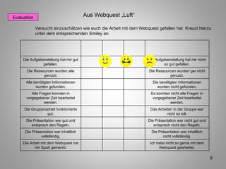 Evaluation Versucht einzuschätzen wie euch die Arbeit mit dem Webquest gefallen hat. Kreuzt hierzu unter dem entsprechenden Smiley an. Aus Webquest „Luft“     Die Aufgabenstellung hat mir gut gefallen.       Die Aufgabenstellung hat mir nicht so gut gefallen. Die Ressourcen wurden alle genutzt.       Die Ressourcen wurden gar nicht genutzt. Alle benötigten Informationen wurden gefunden.       Die benötigten Informationen wurden nicht gefunden. Alle Fragen konnten in vorgegebener Zeit bearbeitet werden.       Es konnten nicht alle Fragen in vorgegebener Zeit bearbeitet werden. Die Gruppenarbeit funktionierte gut.       Das Arbeiten in der Gruppe war nicht so toll. Die Präsentation war gut und entsprach den Regeln.       Die Präsentation war nicht gut und entsprach nicht den Regeln. Die Präsentation war inhaltlich vollständig.       Die Präsentation war inhaltlich nicht vollständig. Die Arbeit mit dem Webquest hat mir Spaß gemacht.       Ich habe nicht so gerne mit dem Webquest gearbeitet. 