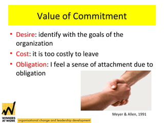 Value of Commitment 
• Desire: identify with the goals of the 
organization 
• Cost: it is too costly to leave 
• Obligation: I feel a sense of attachment due to 
obligation 
Meyer & Allen, 1991 
 
