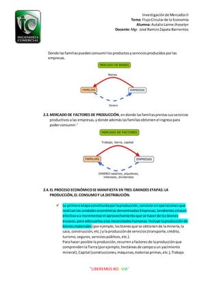 Investigaciónde MercadosII
Tema: FlujoCircularde la Economía
Alumna: AutalioLaime Jhoselyn
Docente:Mgr. José RamiroZapata Barrientos
¨LIBEREMOS BOLIVIA¨
Donde lasfamiliaspuedenconsumirlosproductosyserviciosproducidosporlas
empresas.
2.3.MERCADO DE FACTORES DE PRODUCCIÓN,endonde lasfamiliasprestassusservicios
productivosalas empresas,ydonde ademáslasfamiliasobtienenel ingresopara
poderconsumir.7
2.4.EL PROCESO ECONÓMICOSE MANIFIESTA EN TRES GRANDES ETAPAS: LA
PRODUCCIÓN,EL CONSUMOY LA DISTRIBUCIÓN.
 La primeraetapaconstituidaporlaproducción,consiste enoperacionesque
realizanlasunidadeseconómicasdenominadasEmpresas,tendientesahacer
efectivaoa incrementarel aprovechamientoque se hacerde losbienes
escasos,para adecuarlosalas necesidadeshumanas.Incluye laproducciónde
bienesmateriales (porejemplo,losbienesque se obtienende laminería,la
caza, construcción,etc.) yla producciónde servicios(transporte,crédito,
turismo,seguros,serviciospúblicos,etc.).
Para hacer posible laproducción,recurrenafactoresde laproducciónque
comprendenlaTierra(porejemplo,hectáreasde campooun yacimiento
mineral),Capital (construcciones,máquinas,materiasprimas,etc.),Trabajo
 