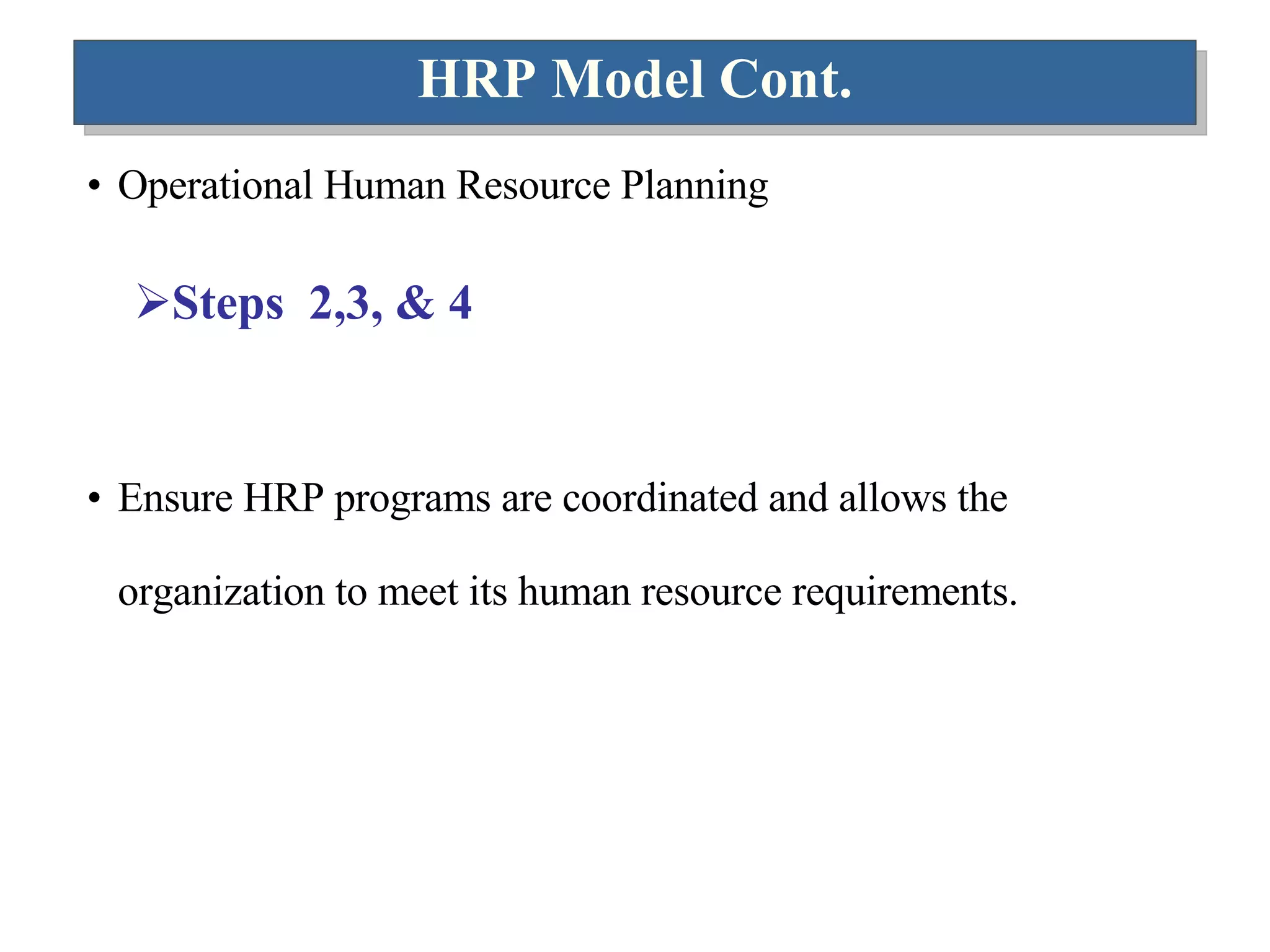 HRP Model Cont. Operational Human Resource Planning Steps  2,3, & 4 Ensure HRP programs are coordinated and allows the  organization to meet its human resource requirements.  