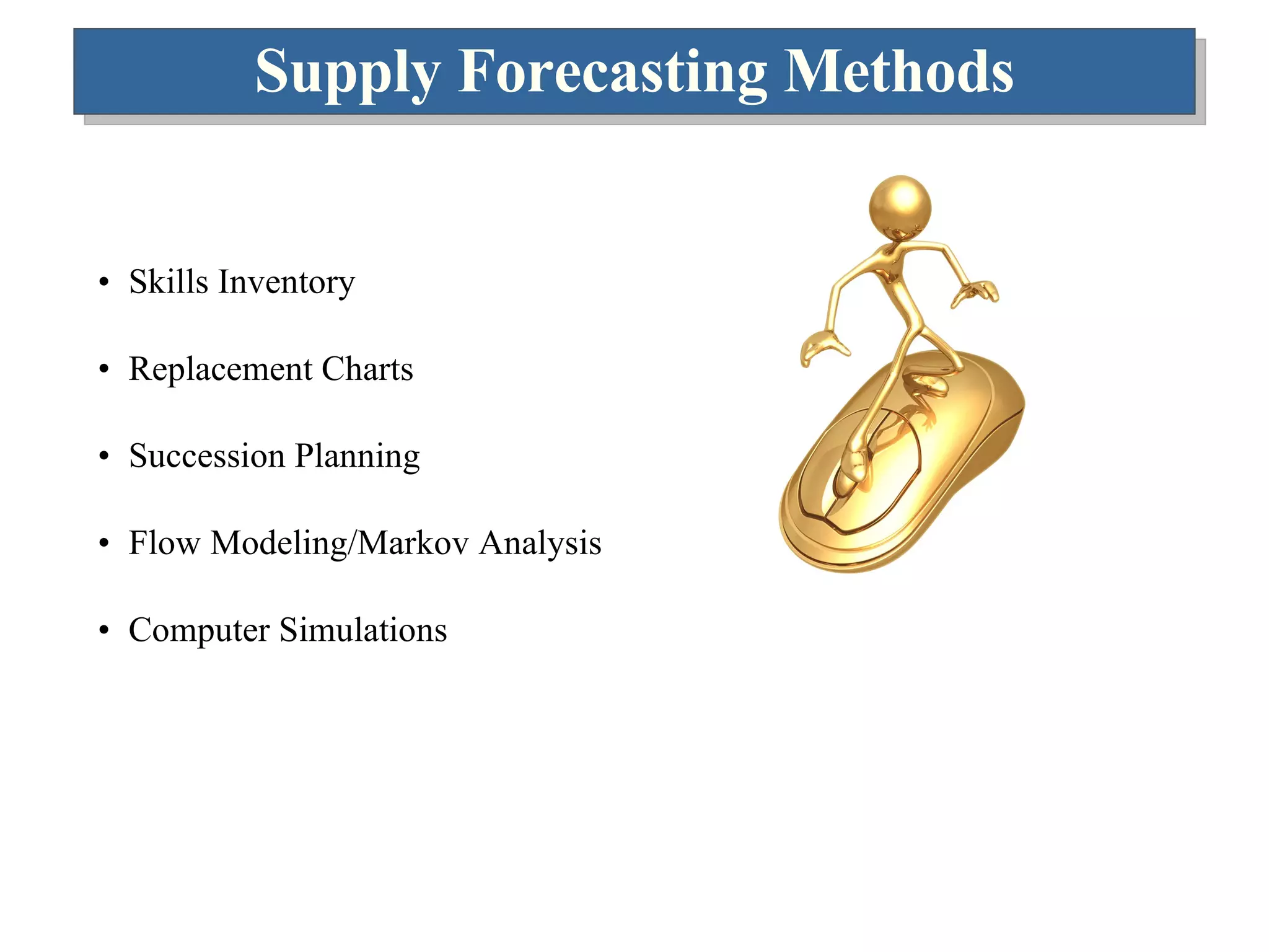 Supply Forecasting Methods Skills Inventory Replacement Charts Succession Planning Flow Modeling/Markov Analysis Computer Simulations 