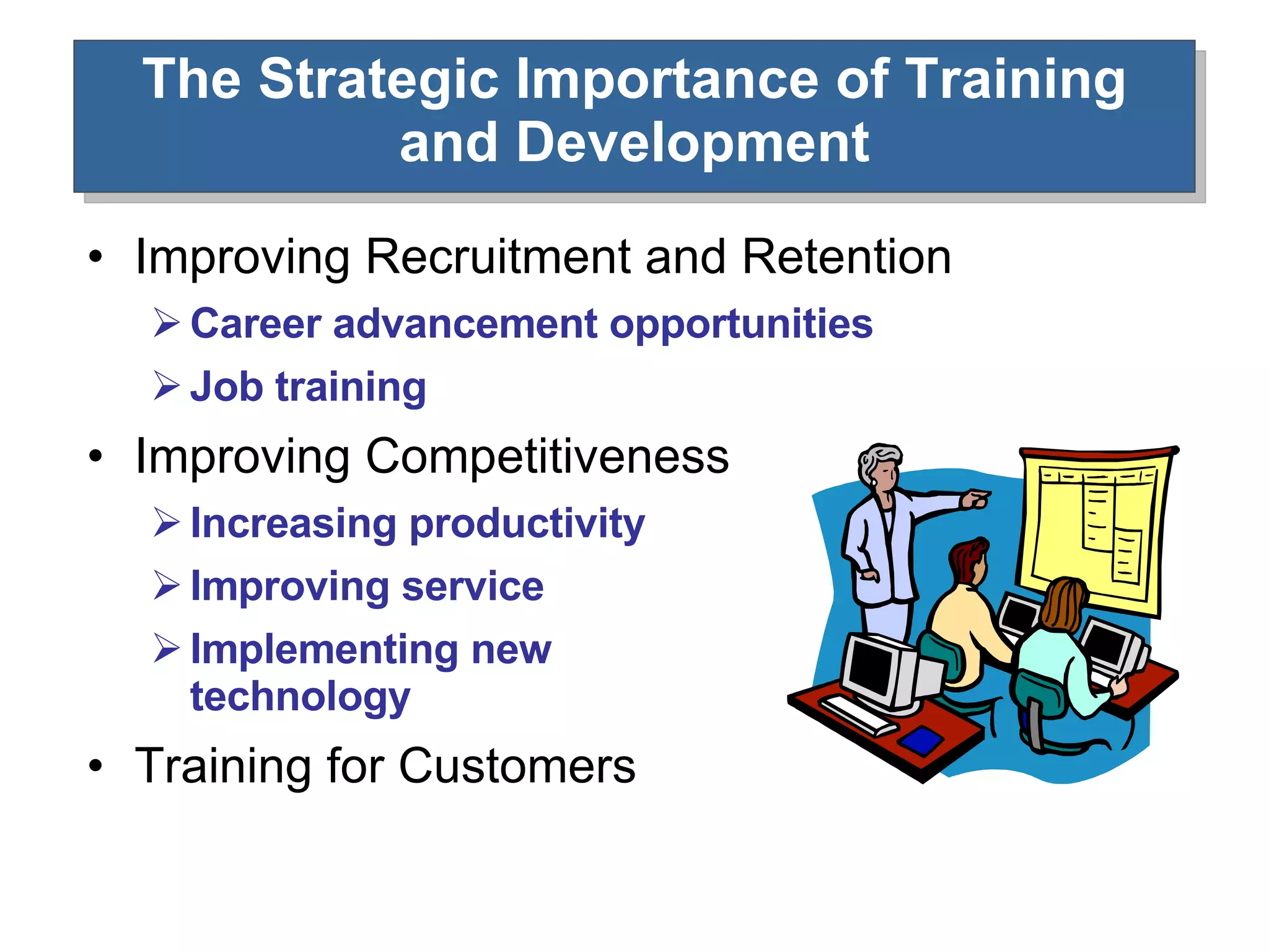 The Strategic Importance of Training and Development Improving Recruitment and Retention Career advancement opportunities Job training Improving Competitiveness Increasing productivity Improving service Implementing new  technology Training for Customers 