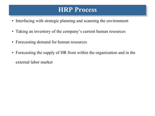 HRP Process Interfacing with strategic planning and scanning the environment Taking an inventory of the company’s current human resources Forecasting demand for human resources Forecasting the supply of HR from within the organization and in the external labor market 