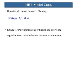 HRP Model Cont. Operational Human Resource Planning Steps  2,3, & 4 Ensure HRP programs are coordinated and allows the  organization to meet its human resource requirements.  