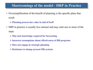 Shortcomings of the model - HRP in Practice Oversimplification of the benefit of planning is the specific plans that result Planning process has value in and of itself HRP in practice is usually less rational and may omit one or more of the steps May lack knowledge required for forecasting Incorrect assumptions about effectiveness of HR programs Does not engage in strategic planning Resistance to change present HR systems 
