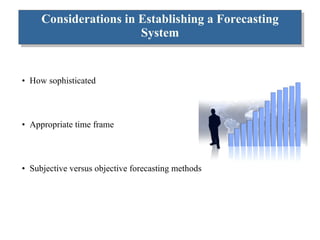 Considerations in Establishing a Forecasting System How sophisticated Appropriate time frame Subjective versus objective forecasting methods 