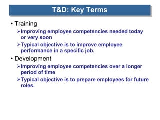 T&D: Key Terms Training Improving employee competencies needed today or very soon Typical objective is to improve employee performance in a specific job. Development Improving employee competencies over a longer period of time Typical objective is to prepare employees for future roles. 