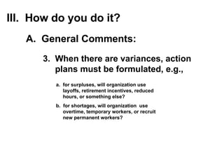 3.  When there are variances, action  plans must be formulated, e.g., a.  for  surpluses , will organization use  layoffs, retirement incentives, reduced  hours, or something else? b.  for  shortages , will organization  use  overtime, temporary workers, or recruit  new permanent workers? III.  How do you do it? A.  General Comments: 