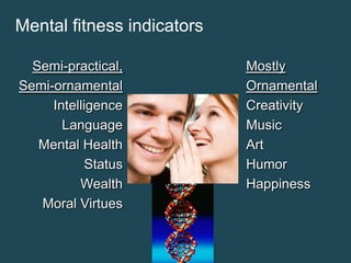 Mental fitness indicators
Semi-practical,
Semi-ornamental
Intelligence
Language
Mental Health
Status
Wealth
Moral Virtues

Mostly
Ornamental
Creativity
Music
Art
Humor
Happiness

 