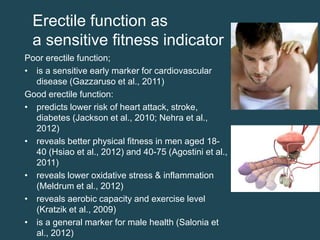 Erectile function as
a sensitive fitness indicator
Poor erectile function;
• is a sensitive early marker for cardiovascular
disease (Gazzaruso et al., 2011)
Good erectile function:
• predicts lower risk of heart attack, stroke,
diabetes (Jackson et al., 2010; Nehra et al.,
2012)
• reveals better physical fitness in men aged 1840 (Hsiao et al., 2012) and 40-75 (Agostini et al.,
2011)
• reveals lower oxidative stress & inflammation
(Meldrum et al., 2012)
• reveals aerobic capacity and exercise level
(Kratzik et al., 2009)
• is a general marker for male health (Salonia et
al., 2012)

 
