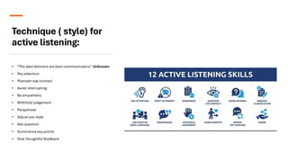 Mastering Active Listening: Techniques, Types, Benefits, and Barriers | PDF
