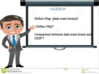 Define Olap (data ware house)?
Define Oltp?
Comparison between data ware house and
OLTP ?
“AGENDA”
 