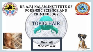 DR A.P.J KALAM INSTITUTE OF
FORENSIC SCIENCE AND
CRIMINOLOGY
TOPIC: HAIR
Ahsan Ali
M.Sc. 2nd Year
 