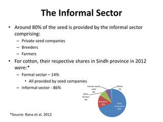 The Informal Sector
• Around 80% of the seed is provided by the informal sector
comprising:
– Private seed companies
– Bre...