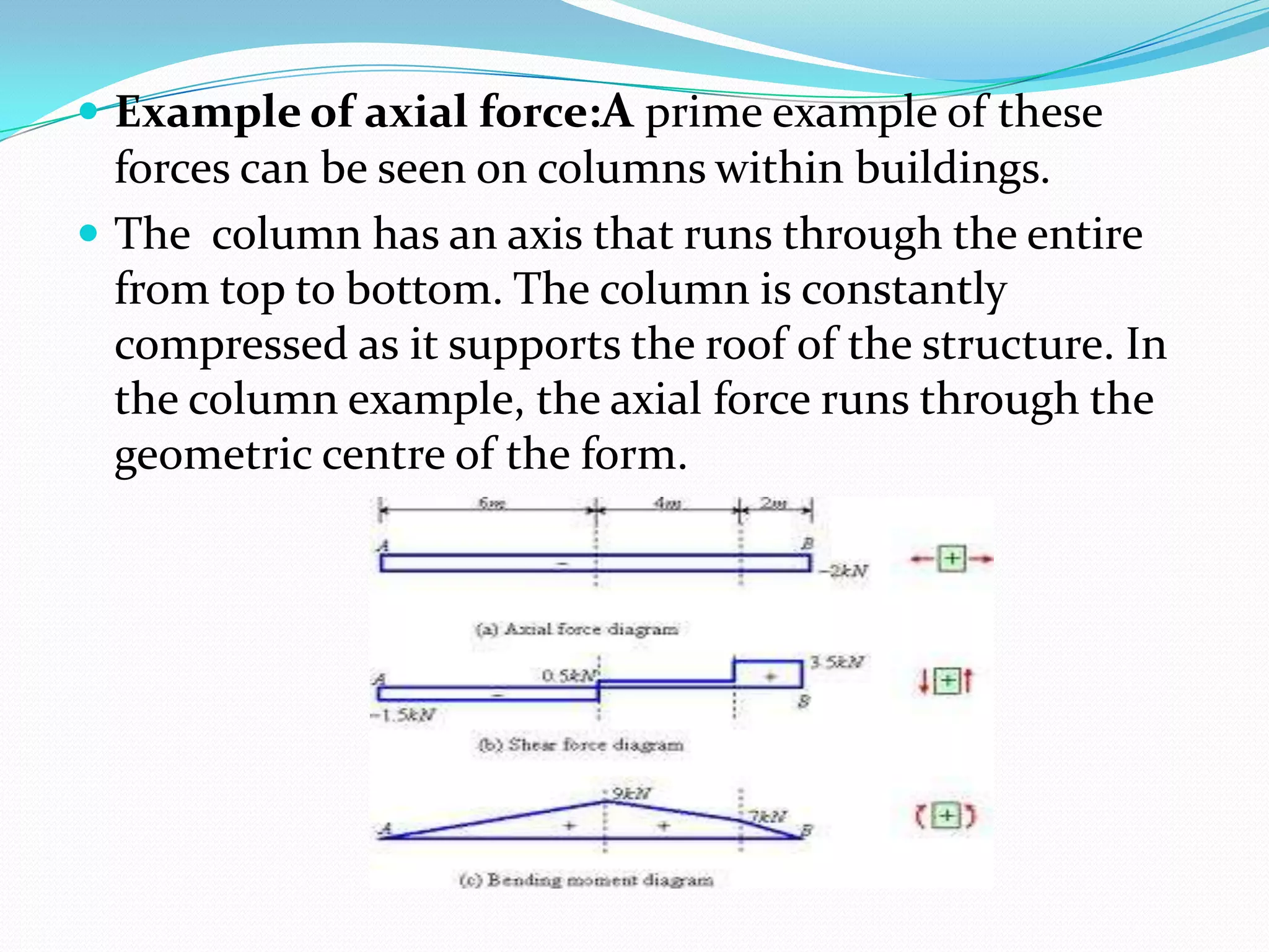  Example of axial force:A prime example of these

forces can be seen on columns within buildings.
 The column has an axis that runs through the entire
from top to bottom. The column is constantly
compressed as it supports the roof of the structure. In
the column example, the axial force runs through the
geometric centre of the form.

 