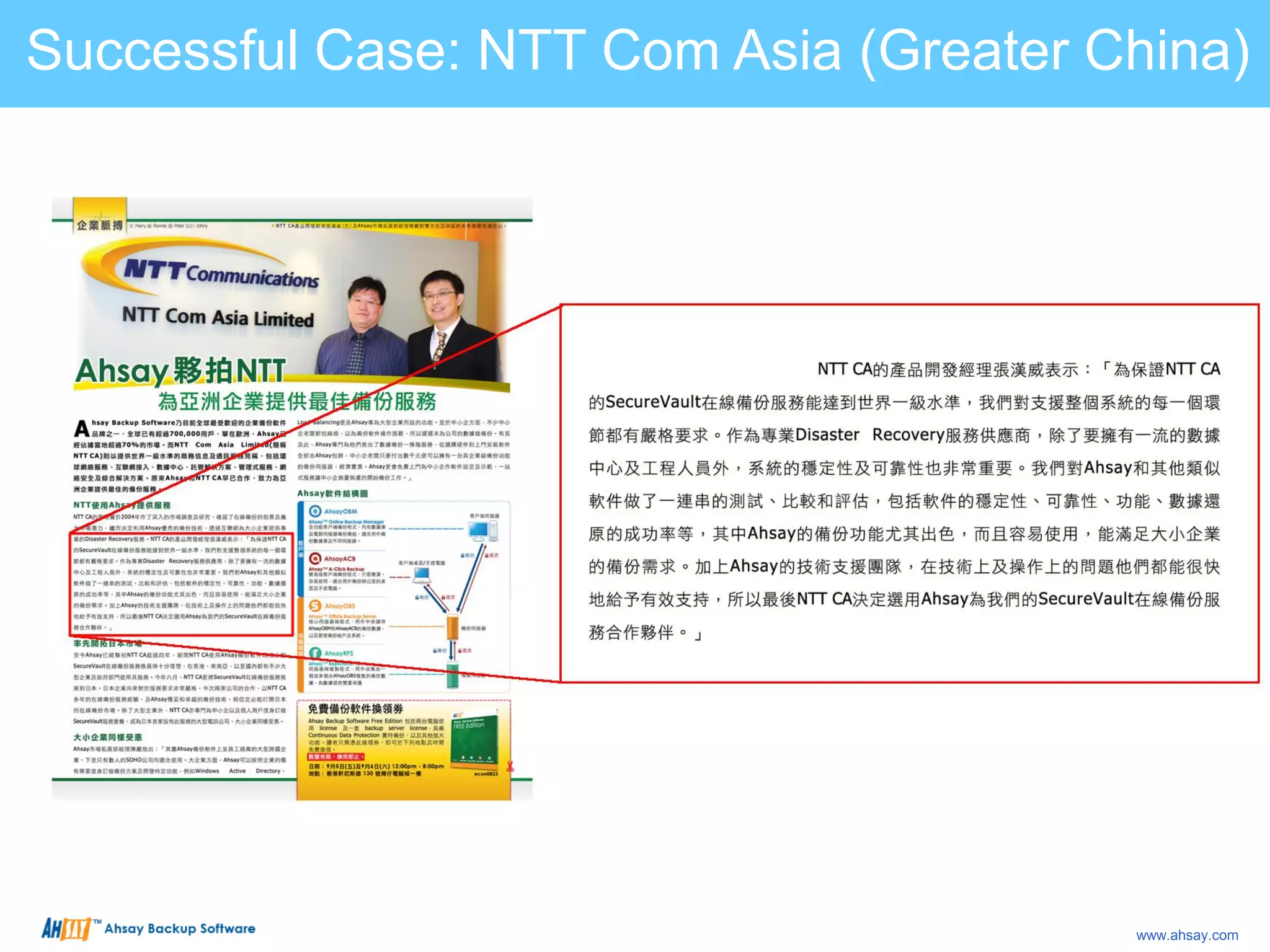 Successful Case: NTT Com Asia (Greater China)
www.ahsay.com
 