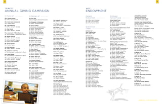 In Honor of
Mrs. Gerald Kaplan
Mr.  Mrs. Ted Liljenwall
Mrs. Sarah Joe Lemessurier
Mrs. Tookie Spoor
Mr. Lott McIlhenny
Mr.  Mrs. James C. Goudge
Mr. Mike Morell
Mr.  Mrs. James C. Goudge
Mrs. Jeanmarie O’Brien Gutierrez
Dr. Toni Dollinger  Rabbi Barry Block
Mr. Randy Pollock
Mr.  Mrs. James C. Goudge
Mr.  Mrs. David M. Rogers
Mr.  Mrs. John Rosheger
Ms. Karen Rotzler
Mrs. Tookie Spoor
Ms. Ema Sanchez
Mr.  Mrs. James C. Goudge
Ms. Catherine E. Santos
Dr. Toni Dollinger  Rabbi Barry Block
Mrs. Stacy Smith
Dr. Toni Dollinger  Rabbi Barry Block
Mrs. Lynn Stanley Thompson
Mr.  Mrs. James C. Goudge
Mrs. Cheryl Stavinoha
Mrs. Tookie Spoor
Ms. Carolyn Timmons
Mrs. Tookie Spoor
Mrs. Melissa T. Vaughan
Mr.  Mrs. James C. Goudge
Mr.  Mrs. Matt Vizza
Frost National Bank
In Memory of
Ms. Nan Ball
Alamo Heights Retired Personnel
Ms. Elizabeth K. Bebinger
Dr.  Mrs. Joe McFarlane
Mr. Steve Buffkin
Ms. Kimberly Winship Brienzi	
Mr.  Mrs. William Brinkley	
Mr.  Mrs. John Bruns	
Mr.  Mrs. Ted Liljenwall	
Mr.  Mrs. Bruce Petersen	
Ms. Denyse Caroline Petry
Town Club of San Antonio
Mr. Bill Camp
Mr.  Mrs. Paul A. Rohlfs
Mr. William Chumbley
Mr.  Mrs. Brian Biggs
Mrs. Virginia Cooper
Mr.  Mrs. James C. Goudge	
Mr.  Mrs. Robert L. Vaughan
Mr. Sam Dibrell
Ms. Sharon D. Baker	
Mr.  Mrs. Brian Biggs	
Mr.  Mrs. Robert L. Vaughan	
Mr.  Mrs. Duane L. Westerman
Mr.  Mrs. Bob Durr
Dr.  Mrs. Kevin Brown
Ms. Sharon Embach
Mr.  Mrs. Bruce Petersen
Mrs. June Fallon
Mrs. Jean T. Bell
Mrs. Mary Louise Ford
Mr.  Mrs. Robert L. Vaughan
Mrs. Anne Herff
Dr.  Mrs. Richard Benedikt	
Dr.  Mrs. Michael Magoon	
Dr.  Mrs. Kurt Meissner	
Mr.  Mrs. Todd Mills	
Mr. James Arthur	
Mr.  Mrs. Phillip Bakke
Mr. Logan P. Huntress, Jr.
Mrs. Carol C. Nentwich
Mrs. Helen Kelsey
Mr.  Mrs. Frank P. Edmondson
Mr. Robert C. Lara
Mr.  Mrs. Albert Lara
Ms. Carolyn N. Lehman
Mrs. Jean T. Bell
Mr. Jeff Morehouse
Dr.  Mrs. Franklin Redmond
Mrs. Lucile Nichols
Mrs. Carol C. Nentwich
Mr. Dick Roberts
Dr.  Mrs. Walter M. Bain	
Mr. David K. Langford	
Mr.  Mrs. Pal C. Wenger, Jr.
Mr. Robert Shaeffer
Mr.  Mrs. Ted Liljenwall
Mr. Robert H. Seal
Mrs. Jean T. Bell
Mr. Homer Smith
Dr. Tamara Simpson
Mr. John R. Taylor
Mrs. Jean T. Bell
Mr. Fred J. Tips
Mr.  Mrs. Ted Liljenwall
Mr. Robert C. Volz
Mrs. Jean T. Bell
Mr. Charlie Walters
Mr.  Mrs. Ted Liljenwall
Mr. Joe Ward
Mr.  Mrs. Paul A. Rode
Mrs. Evelyn Wirth
Ms. Sharon D. Baker
Mr. Pauly Woodside
Alamo Heights Retired Personnel
Mr. Paul Young
Mr.  Mrs. Frank Amaro, Jr.	
Mr.  Mrs. John Browning	
Mr.  Mrs. James C. Goudge	
Mr.  Mrs. Donnie Magin	
Malitz Construction, Inc	
Mr.  Mrs. Carl R. Oliver	
Mr.  Mrs. Robert L. Vaughan	
Mr.  Mrs. Duane L. Westerman
T r i b u t e s
Annual Giving Campaign
A n n u a l S u p p o r t e r s
14
General
Endowment
Dr.  Mrs. Jerry Christian	
Dr.  Mrs. Tom Gardner	
Dr.  Mrs. Paul H. Smith
Endowment
Chairs
In Honor of
Miss Virginia Seal
Mrs. Jean T. Bell
In Honor of
Mr. Dan Bolen
Dr.  Mrs. Kevin Brown	
Mr.  Mrs. Dean Faulkner	
Mr. Stephen Foster  Dr. Linda Foster	
Dr. Frank Alfaro	
Ms. Jolie B. Flavin	
Mr.  Mrs. Wade Giddens	
Ms. Kris Holliday	
Dr.  Mrs. Michael S. Jaffee	
Dr. Cordell T. Jones  Mrs. Catherine
Berkeley-Jones	
Mr.  Mrs. Edward C. Kershner	
Mr.  Mrs. Michael Morell	
Mr. Randy Pollock	
Mr.  Mrs. Jason Register	
Mr.  Mrs. James O. Thompson, Sr.	
Mr.  Mrs. Ralph Voight	
Dr.  Mrs. Keith Wright
In Honor of
Mrs. Doreen Magoon
Mr.  Mrs. David Adelman	
Drs. Amy  Richard Benedikt	
Mr.  Mrs. Sam Bright	
Dr.  Mrs. Kevin Brown	
Mr.  Mrs. Duane Bunce	
Mr.  Mrs. Stephen B. Cavender	
Mr.  Mrs. Jim R. Daniell	
Mr.  Mrs. Richard Ellwood	
Mr.  Mrs. Clare Flesher	
Mr.  Mrs. Rick Flume	
Mr.  Mrs. Guy Hamilton	
Ms. Julie Hill	
Mr.  Mrs. Paul Krause	
Mr.  Mrs. John B. Low	
Dr.  Mrs. Kurt Meissner	
Mr.  Mrs. Todd Mills	
Mr.  Mrs. David M. Rogers
Mr.  Mrs. Thomas K. Spurgeon
Endowed
Named Funds
Shine Bright Fund
Mrs. Tanya Clark	
Mr.  Mrs. James C. Goudge	
Mr.  Mrs. Robert C. Murray	
Mr. Daniel Shea
Paul A. Foerster Mathematics Fund
AHHS Class of 1971	
Mrs. Jean Beasley	
Mr.  Mrs. Jim R. Daniell	
Mr.  Mrs. James C. Goudge	
Mr.  Mrs. David S. Gragg	
Mrs. Martha J. James	
Mr.  Mrs. David Ladensohn	
Mrs. Karen Ostrum George	
Col. Thomas J. Tredici
Wellness Program Endowment
AHHS PTSO	
Bacon-Lee  Associates	
Mr.  Mrs. Charles Bondurant	
Mr. Charles C. Butt	
Mr.  Mrs. Randy Cadwallader IV	
Mr.  Mrs. William Carrington	
Mr.  Mrs. Dwight Chumbley	
Mr.  Mrs. Jim R. Daniell	
Mr.  Mrs. Vincent Dawson	
Mr.  Mrs. Don B. Frost	
Mr.  Mrs. Thomas C. Frost	
Mr.  Mrs. David S. Gragg	
H.E. Butt Grocery Company	
Mr.  Mrs. Michael D. Harper, Jr.	
Mr.  Mrs. John Korbell	
Luther King Capital Management	
Mr.  Mrs. Douglas W. Miller
The John  Florence Newman 	
Foundation
Ms. Lou Eda Nixon	
Mr.  Mrs. Billy B. Osborn III	
Mr. Brent Ratliff	
Ms. Ruth Bowman Russell	
Mr.  Mrs. William Russell	
Mr.  Mrs. John T. Saunders III	
Mr. Al Silva	
Mr.  Mrs. Kenneth S. Stephens	
William  Salome Scanlan Foundation
Johnnie Eng Fund for
Teaching Excellence
AH Teachers Association	
Mr.  Mrs. Thomas Smith
Caroline Gose Memorial Fund
Alamo Heights HS Baccalaureate	
Ms. Monica Gose	
Mr.  Mrs. David S. Gragg
Martha Spoor Young Writers Fund
Mrs. Frances Marley Cline	
Miss Mercille Wisakowsky
In Honor of
Mrs. Tookie Spoor
Ms. Johanna Comuzzi	
Mr.  Mrs. Frank P. Edmondson
Scott  Katherine Galloway Family
Foundation	
Mr.  Mrs. Dan Webster
In Memory of
Ms. Martha L. Spoor
Mr.  Mrs. David S. Gragg	
Mr.  Mrs. Jack Hurt	
Mrs. Rose Ranson	
Mrs. Kristi Kessler Walters
In Honor of
Mrs. Sarah Joe Le Messurier
Dr.  Mrs. Dan Spoor	
Mr.  Mrs. David Spoor    
In Honor of
Mrs. Fances Marley Cline
In Honor of
Mr.  Mrs. A. Jack Hurt
In honor of
Mrs. Ellen Zachry Carrie
In Honor of
Mrs. Laura Halter Chaput
In Honor of
The Rev. Julia Boyd Mitchener
In Honor of
Mrs. Patrice Oliver
In Honor of
Mrs. Kristi Kessler Walters
In Honor of
Dr. Martha Cocke Wiltamuth
AHSF
Endowment
A n n u a l S u p p o r t e r s
15
 