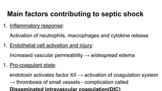 Main factors contributing to septic shock
1. Inflammatory response:
Activation of neutrophils, macrophages and cytokine release
1. Endothelial cell activation and injury:
Increased vascular permeability → widespread edema
1. Pro-coagulant state:
endotoxin activates factor XII → activation of coagulation system
→ thrombosis of small vessels - complication called
 
