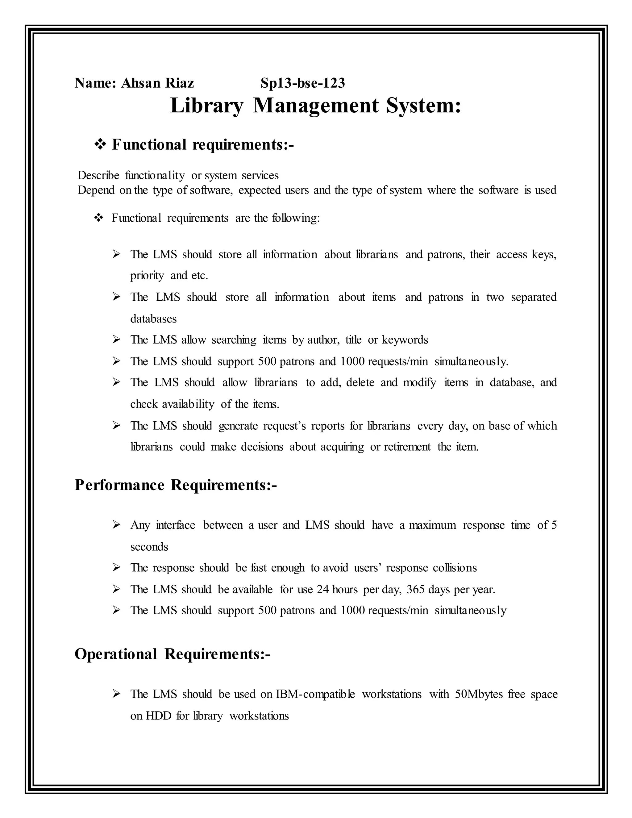 Library Management system requirements | DOCX | Operating Systems ...