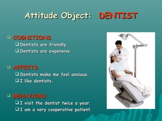 77
Attitude Object:Attitude Object: DENTISTDENTIST
 COGNITIONSCOGNITIONS
 Dentists are friendly.Dentists are friendly.
 Dentists are expensive.Dentists are expensive.
 AFFECTSAFFECTS
 Dentists make me feel anxious.Dentists make me feel anxious.
 I like dentists.I like dentists.
 BEHAVIORSBEHAVIORS
 I visit the dentist twice a year.I visit the dentist twice a year.
 I am a very cooperative patient.I am a very cooperative patient.
 