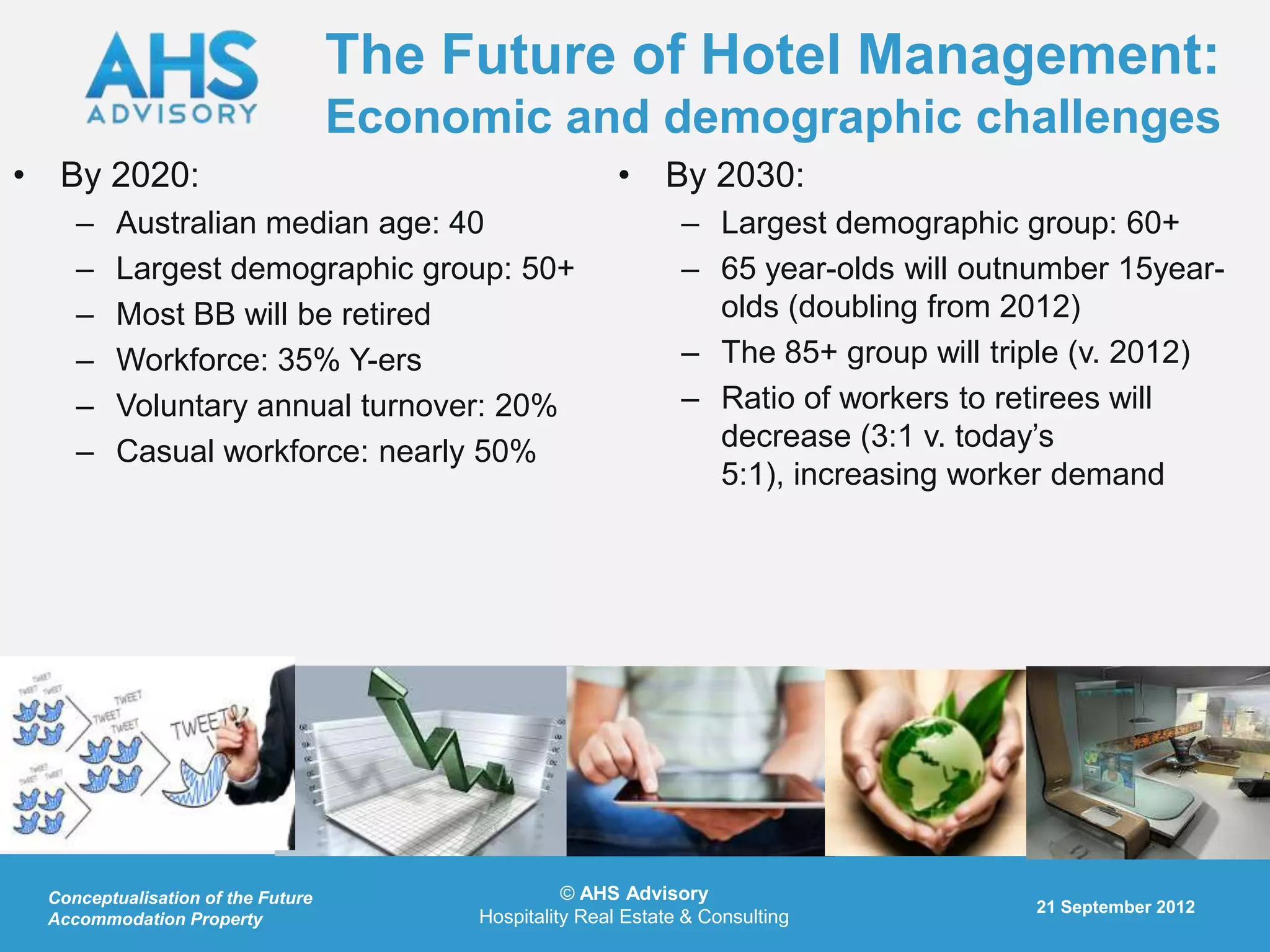 The Future of Hotel Management:
                                   Economic and demographic challenges
• By 2020:                                               • By 2030:
    –    Australian median age: 40                              – Largest demographic group: 60+
    –    Largest demographic group: 50+                         – 65 year-olds will outnumber 15year-
    –    Most BB will be retired                                  olds (doubling from 2012)
    –    Workforce: 35% Y-ers                                   – The 85+ group will triple (v. 2012)
    –    Voluntary annual turnover: 20%                         – Ratio of workers to retirees will
    –    Casual workforce: nearly 50%                             decrease (3:1 v. today‟s
                                                                  5:1), increasing worker demand




 Conceptualisation of the Future                   © AHS Advisory
                                                                                        21 September 2012
 Accommodation Property                  Hospitality Real Estate & Consulting
 
