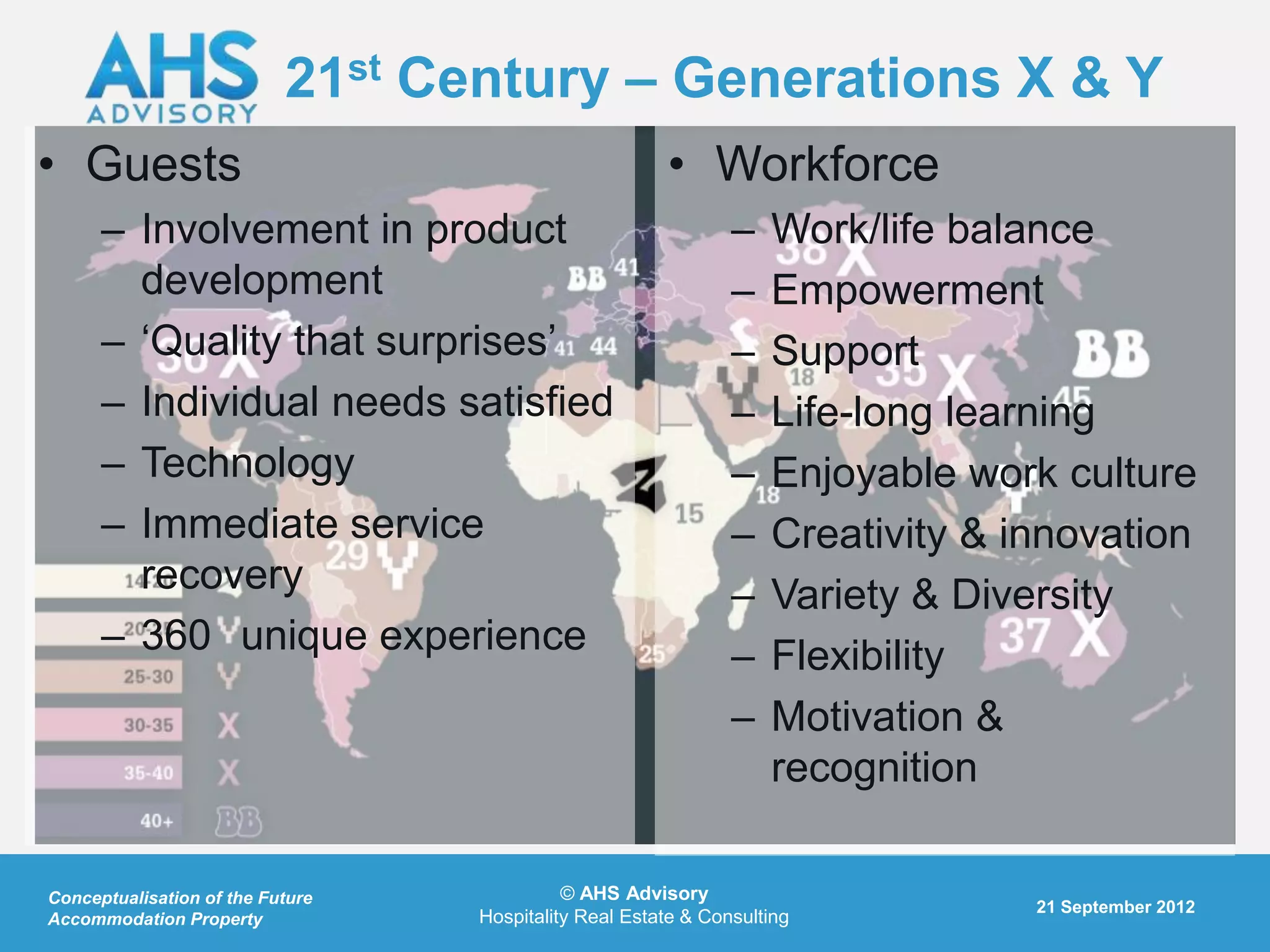 21st Century – Generations X & Y
• Guests                                               • Workforce
      – Involvement in product                                 –   Work/life balance
        development                                            –   Empowerment
      – „Quality that surprises‟                               –   Support
      – Individual needs satisfied                             –   Life-long learning
      – Technology                                             –   Enjoyable work culture
      – Immediate service                                      –   Creativity & innovation
        recovery                                               –   Variety & Diversity
      – 360 unique experience                                  –   Flexibility
                                                               –   Motivation &
                                                                   recognition

Conceptualisation of the Future             © AHS Advisory
                                                                                 21 September 2012
Accommodation Property            Hospitality Real Estate & Consulting
 