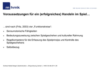 MHMK - Macromedia Hochschule für Medien und Kommunikation




Voraussetzungen für ein (erfolgreiches) Handeln im Spiel…


…sind nach (Fritz, 2003) vier „Funktionskreise“:
    Sensumotorische Fähigkeiten
    Bedeutungszuweisung zwischen Spielgeschehen und kultureller Rahmung
    Regelkompetenz für die Erfassung des Spielprinzips und Kontrolle des
     Spielgeschehens
    Selbstbezug




Andreas Hebbel-Seeger | Spielmotivation…| Ringvorlesung „Games“. | HAW, 09..Mai 2011 | 38
 