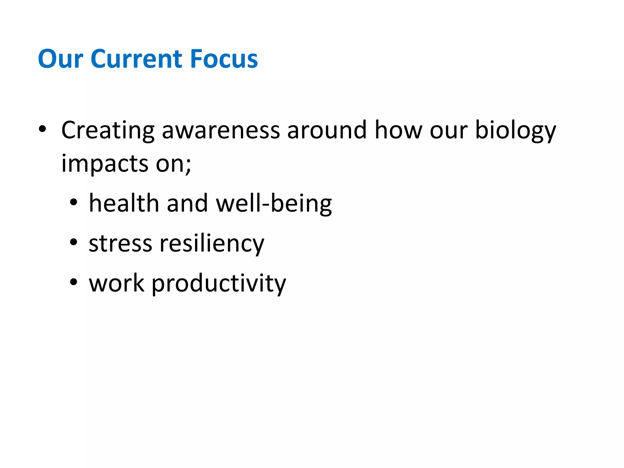 Over-exposure to neolithic agents of diseaseUnder-exposure to nutrient-dense foodsOver-exposure to sedentariness and/or ‘chronic cardio’Under-exposure to evolutionary-appropriate physical activityOver-exposure to artificial lightingUnder-exposure to natural lightingDeranged sleep patterns and a disconnect with circadian rhythms Disconnect with evolutionary-appropriate socialisationH.R. APPROVED