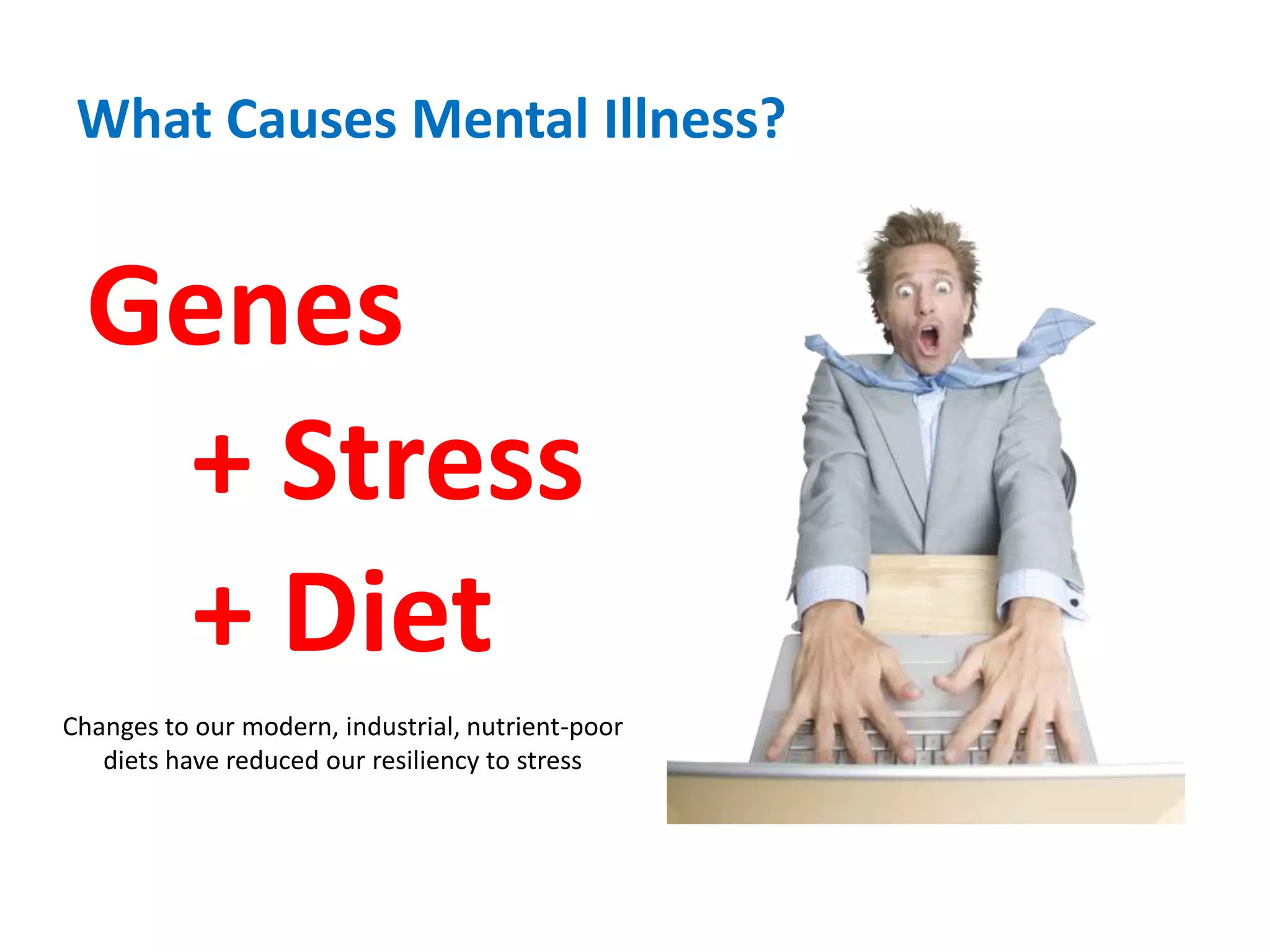 What Causes Mental Illness?Genes+ Stress+ DietChanges to our modern, industrial, nutrient-poor diets have reduced our resiliency to stress