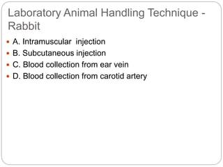 Laboratory Animal Handling Technique -
Rabbit
 A. Intramuscular injection
 B. Subcutaneous injection
 C. Blood collection from ear vein
 D. Blood collection from carotid artery
 