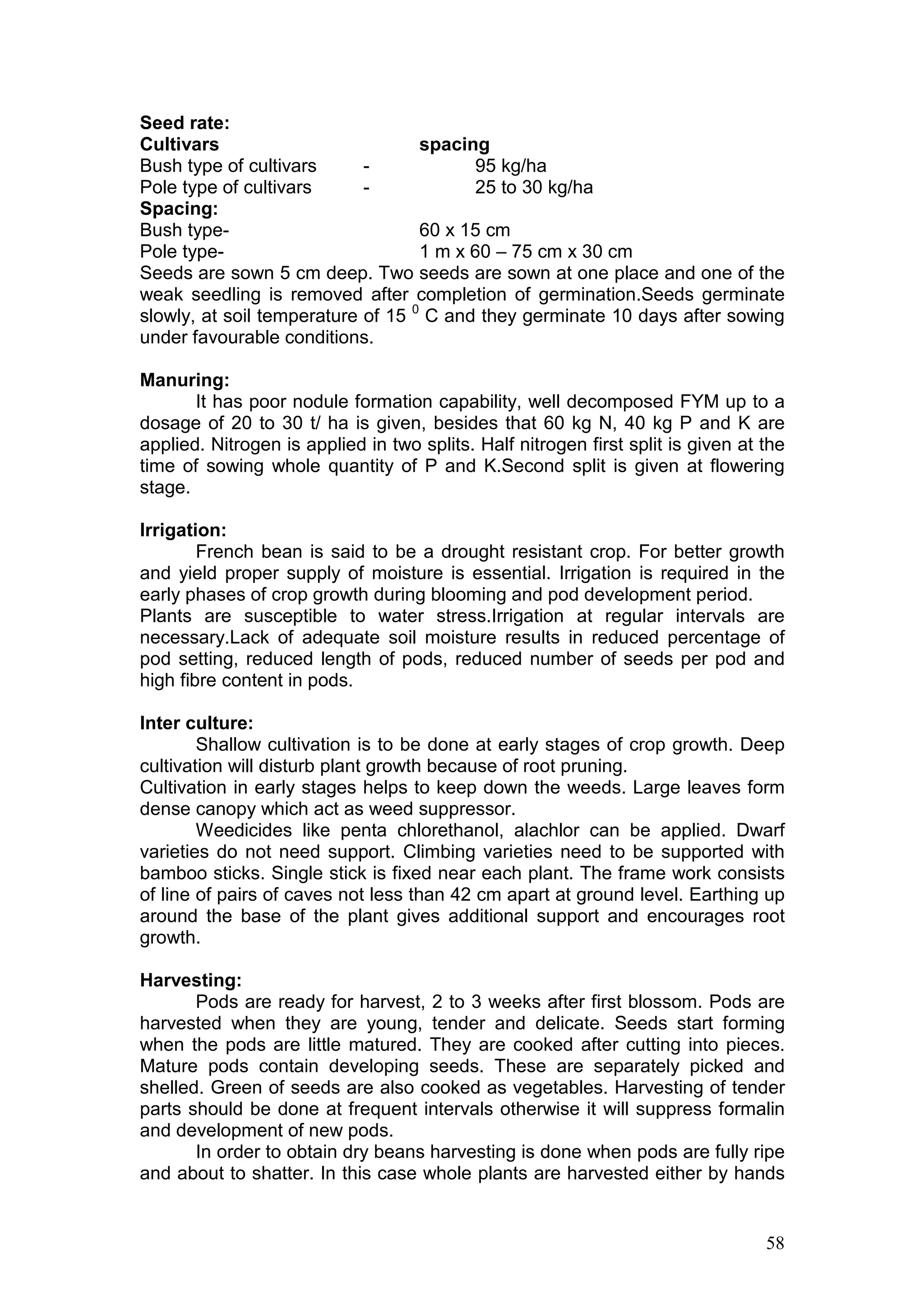 58
Seed rate:
Cultivars spacing
Bush type of cultivars - 95 kg/ha
Pole type of cultivars - 25 to 30 kg/ha
Spacing:
Bush type- 60 x 15 cm
Pole type- 1 m x 60 – 75 cm x 30 cm
Seeds are sown 5 cm deep. Two seeds are sown at one place and one of the
weak seedling is removed after completion of germination.Seeds germinate
slowly, at soil temperature of 15 0
C and they germinate 10 days after sowing
under favourable conditions.
Manuring:
It has poor nodule formation capability, well decomposed FYM up to a
dosage of 20 to 30 t/ ha is given, besides that 60 kg N, 40 kg P and K are
applied. Nitrogen is applied in two splits. Half nitrogen first split is given at the
time of sowing whole quantity of P and K.Second split is given at flowering
stage.
Irrigation:
French bean is said to be a drought resistant crop. For better growth
and yield proper supply of moisture is essential. Irrigation is required in the
early phases of crop growth during blooming and pod development period.
Plants are susceptible to water stress.Irrigation at regular intervals are
necessary.Lack of adequate soil moisture results in reduced percentage of
pod setting, reduced length of pods, reduced number of seeds per pod and
high fibre content in pods.
Inter culture:
Shallow cultivation is to be done at early stages of crop growth. Deep
cultivation will disturb plant growth because of root pruning.
Cultivation in early stages helps to keep down the weeds. Large leaves form
dense canopy which act as weed suppressor.
Weedicides like penta chlorethanol, alachlor can be applied. Dwarf
varieties do not need support. Climbing varieties need to be supported with
bamboo sticks. Single stick is fixed near each plant. The frame work consists
of line of pairs of caves not less than 42 cm apart at ground level. Earthing up
around the base of the plant gives additional support and encourages root
growth.
Harvesting:
Pods are ready for harvest, 2 to 3 weeks after first blossom. Pods are
harvested when they are young, tender and delicate. Seeds start forming
when the pods are little matured. They are cooked after cutting into pieces.
Mature pods contain developing seeds. These are separately picked and
shelled. Green of seeds are also cooked as vegetables. Harvesting of tender
parts should be done at frequent intervals otherwise it will suppress formalin
and development of new pods.
In order to obtain dry beans harvesting is done when pods are fully ripe
and about to shatter. In this case whole plants are harvested either by hands
 