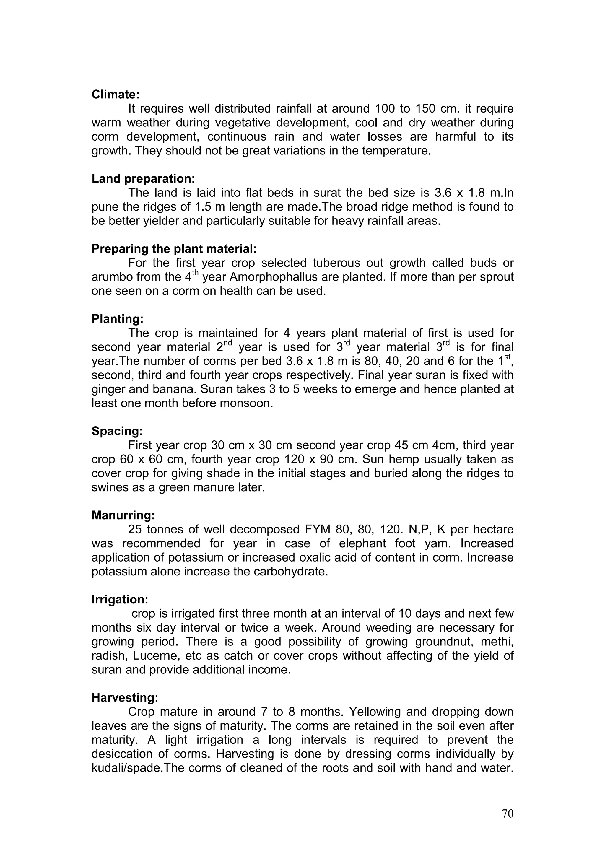 70
Climate:
It requires well distributed rainfall at around 100 to 150 cm. it require
warm weather during vegetative development, cool and dry weather during
corm development, continuous rain and water losses are harmful to its
growth. They should not be great variations in the temperature.
Land preparation:
The land is laid into flat beds in surat the bed size is 3.6 x 1.8 m.In
pune the ridges of 1.5 m length are made.The broad ridge method is found to
be better yielder and particularly suitable for heavy rainfall areas.
Preparing the plant material:
For the first year crop selected tuberous out growth called buds or
arumbo from the 4th
year Amorphophallus are planted. If more than per sprout
one seen on a corm on health can be used.
Planting:
The crop is maintained for 4 years plant material of first is used for
second year material 2nd
year is used for 3rd
year material 3rd
is for final
year.The number of corms per bed 3.6 x 1.8 m is 80, 40, 20 and 6 for the 1st
,
second, third and fourth year crops respectively. Final year suran is fixed with
ginger and banana. Suran takes 3 to 5 weeks to emerge and hence planted at
least one month before monsoon.
Spacing:
First year crop 30 cm x 30 cm second year crop 45 cm 4cm, third year
crop 60 x 60 cm, fourth year crop 120 x 90 cm. Sun hemp usually taken as
cover crop for giving shade in the initial stages and buried along the ridges to
swines as a green manure later.
Manurring:
25 tonnes of well decomposed FYM 80, 80, 120. N,P, K per hectare
was recommended for year in case of elephant foot yam. Increased
application of potassium or increased oxalic acid of content in corm. Increase
potassium alone increase the carbohydrate.
Irrigation:
crop is irrigated first three month at an interval of 10 days and next few
months six day interval or twice a week. Around weeding are necessary for
growing period. There is a good possibility of growing groundnut, methi,
radish, Lucerne, etc as catch or cover crops without affecting of the yield of
suran and provide additional income.
Harvesting:
Crop mature in around 7 to 8 months. Yellowing and dropping down
leaves are the signs of maturity. The corms are retained in the soil even after
maturity. A light irrigation a long intervals is required to prevent the
desiccation of corms. Harvesting is done by dressing corms individually by
kudali/spade.The corms of cleaned of the roots and soil with hand and water.
 