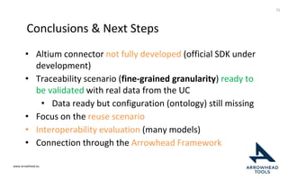 www.arrowhead.eu
Conclusions & Next Steps
• Altium connector not fully developed (official SDK under
development)
• Traceability scenario (fine-grained granularity) ready to
be validated with real data from the UC
• Data ready but configuration (ontology) still missing
• Focus on the reuse scenario
• Interoperability evaluation (many models)
• Connection through the Arrowhead Framework
31
 