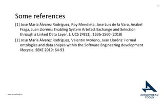 www.arrowhead.eu
Some references
[1] Jose María Álvarez Rodríguez, Roy Mendieta, Jose Luis de la Vara, Anabel
Fraga, Juan Lloréns: Enabling System Artefact Exchange and Selection
through a Linked Data Layer. J. UCS 24(11): 1536-1560 (2018)
[2] Jose María Álvarez Rodríguez, Valentin Moreno, Juan Lloréns: Formal
ontologies and data shapes within the Software Engineering development
lifecycle. SEKE 2019: 64-93
32
 
