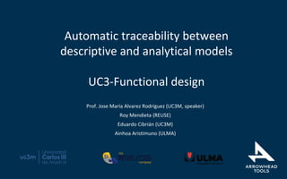 Automatic traceability between
descriptive and analytical models
UC3-Functional design
Prof. Jose María Alvarez Rodríguez (UC3M, speaker)
Roy Mendieta (REUSE)
Eduardo Cibrián (UC3M)
Ainhoa Aristimuno (ULMA)
 