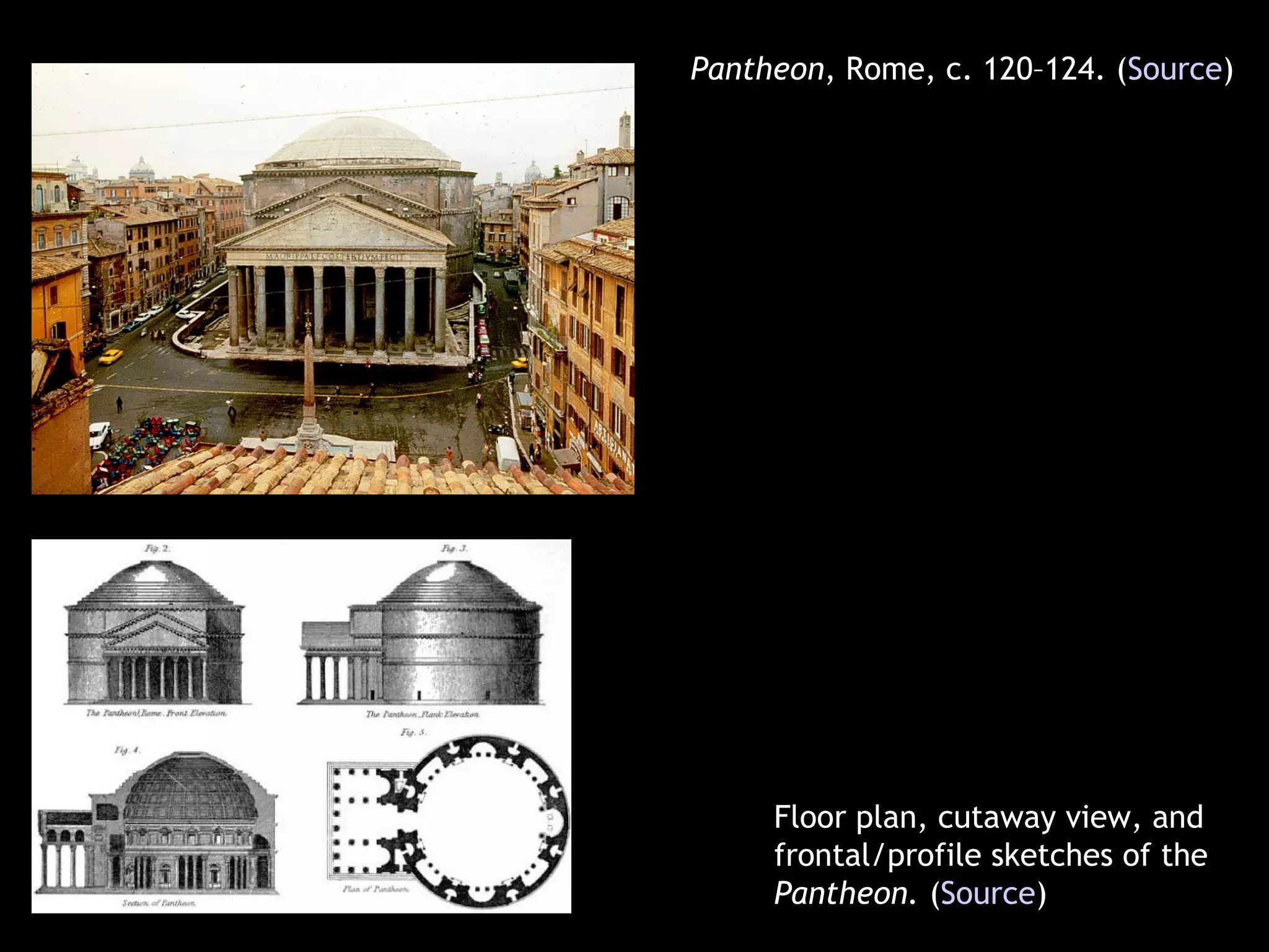 Pantheon, Rome, c. 120–124. (Source)
Floor plan, cutaway view, and
frontal/profile sketches of the
Pantheon. (Source)
 