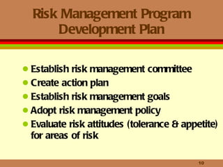 Risk Management Program Development Plan Establish risk management committee Create action plan Establish risk management goals Adopt risk management policy Evaluate risk attitudes (tolerance & appetite) for areas of risk 