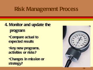 Risk Management Process 4. Monitor and update the program Compare actual to  expected results Any new programs,  activities or risks?  Changes in mission or  strategy? 