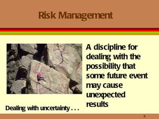 Risk Management A discipline for dealing with the possibility that some future event may cause unexpected results Dealing with uncertainty . . . 